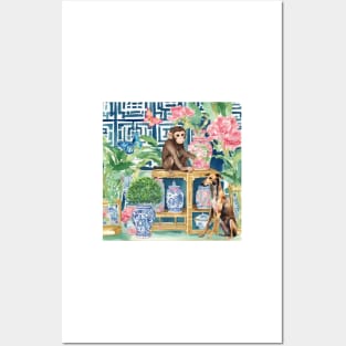 Monkey and Lurcher dog in chinoiserie interior Posters and Art